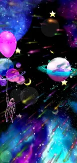 Astronaut floats in colorful galaxy with planets and stars, holding a pink balloon.