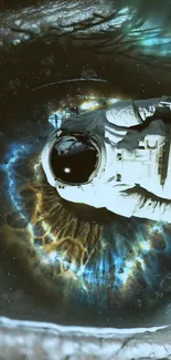 Astronaut floating in a cosmic eye wallpaper, dark blue background.