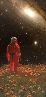 Astronaut in a flower field with a galaxy overhead.