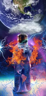 Astronaut surrounded by cosmic flames with Earth in the background.