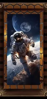 Astronaut floating in space with geometric frame design.