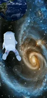 Astronaut floating near a spiral galaxy with Earth in the distance.