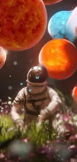 Astronaut sitting in a vibrant cosmic garden surrounded by planets and butterflies.