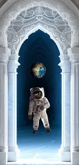 Astronaut floats through a cosmic gateway with Earth in the background.