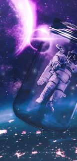 Astronaut in jar with purple galaxy background.