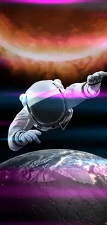 Astronaut floating above Earth with cosmic background.