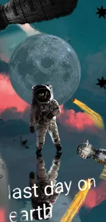 Astronaut standing in cosmic scene with moon and meteors.