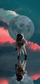 Astronaut standing with a moonlit reflection against a vivid sky.