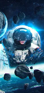 Astronaut floating in space amidst cosmic scenery with asteroids.