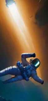 Floating astronaut illuminated by cosmic light in space.