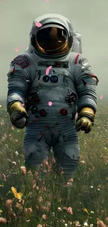 Astronaut walking through a vibrant meadow, blending space and nature.