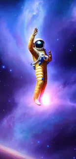 Astronaut floats in a vibrant cosmic nebula, perfect as a sci-fi mobile wallpaper.