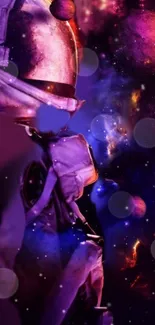 Astronaut in vibrant purple cosmic nebula with planets.