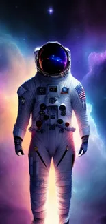 Astronaut illuminated by cosmic nebula with vibrant galaxy colors.