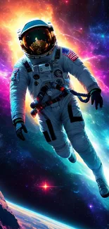 Astronaut in a vibrant cosmic nebula with colorful space background.