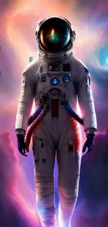 Astronaut standing in a colorful cosmic nebula.