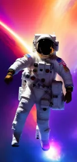 Astronaut floating in vibrant cosmic neon colors with galaxy backdrop.