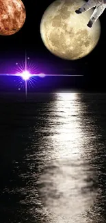 Astronaut floating in a cosmic night scene with moons and reflective water.