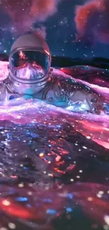 Astronaut floating in a colorful cosmic ocean.