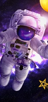 Astronaut floating in vibrant purple space with stars and a glowing planet.