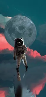 Astronaut standing with a full moon backdrop and reflective surface.