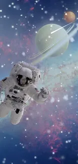 Astronaut floating in a colorful galaxy with planets and stars.