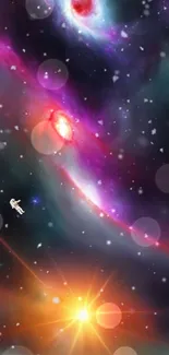 Astronaut floating in colorful cosmic space with nebulae and stars.