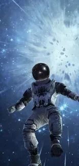 Astronaut floating in vibrant cosmic space with starlight explosion.