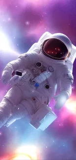 Astronaut floating in a colorful cosmic space with a galaxy background.