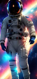 Astronaut floating in vibrant space scene with colorful nebulas.