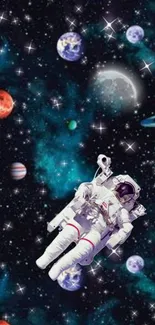 Wallpaper of an astronaut floating in a starry, cosmic space background.