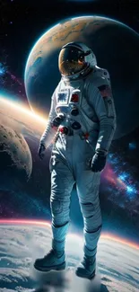 Astronaut floating near planets in space with stars and galaxy in the background.