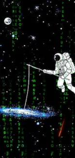 Astronaut fishing among stars in cosmic space art wallpaper.