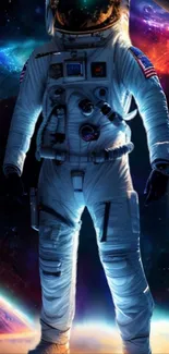 Astronaut standing in vibrant cosmic space with galaxies and planets.