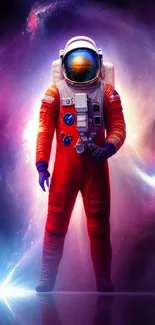 Astronaut standing in vibrant cosmic space with colorful galaxy backdrop.