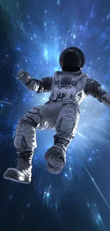 Astronaut floating through cosmic background in vibrant space wallpaper.