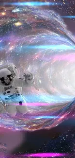 Astronaut in a vibrant cosmic tunnel with swirling galaxy colors.