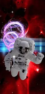 Astronaut floating in a vibrant cosmic vortex wallpaper with red and blue hues.