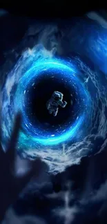 Astronaut floating in a vibrant cosmic vortex with blue and starry elements.