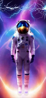 Astronaut floating in cosmic purple vortex with electric aura.