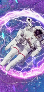 Astronaut floating in a vibrant purple cosmic vortex.