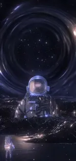 Astronaut beneath swirling cosmic space vortex.