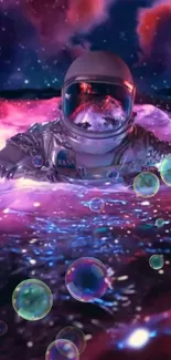 Astronaut surrounded by galaxies and bubbles in vibrant colors.