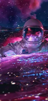 Astronaut swimming in vibrant cosmic waters with a glowing galaxy backdrop.