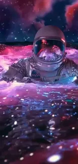 Astronaut floating in vivid cosmic waters, surrounded by a colorful nebula.