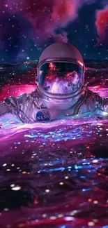 Astronaut drifting in vibrant cosmic waters under a starry sky.