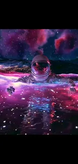 Astronaut floating in colorful cosmic waters with a galaxy backdrop.