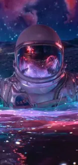 Astronaut floating in vibrant cosmic waters with a nebula background.