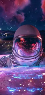 Astronaut floating in a cosmic pink and purple water landscape.