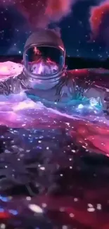 Astronaut floating in colorful cosmic water with a galaxy background.